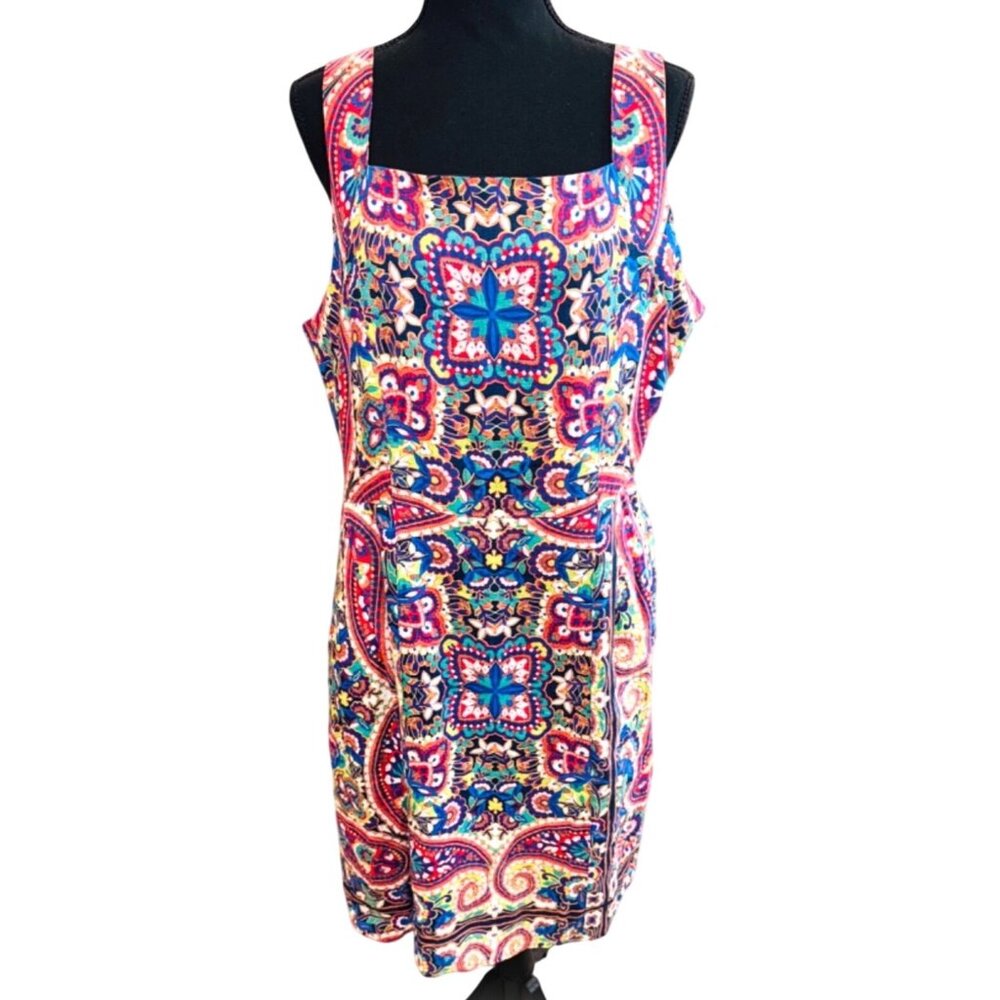Lands End Multi Color Paisley Sleeveless Knee Length Dress Womens 14 Square Neck